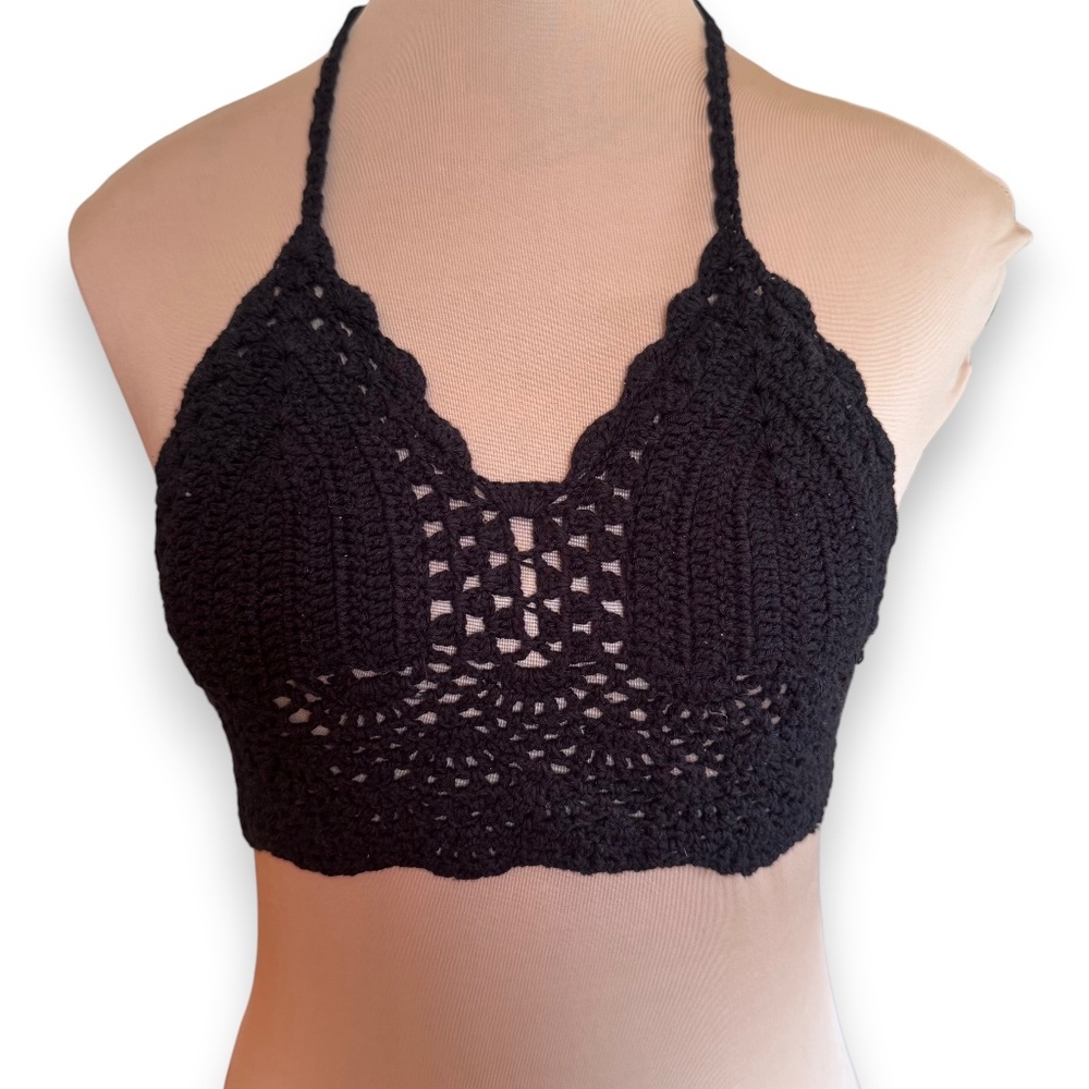 Black Crochet Halter Crop Top Tie Back Handmade Style
